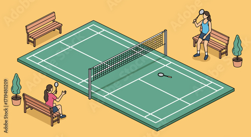 Two people are playing badminton on a court with benches and trees around it.