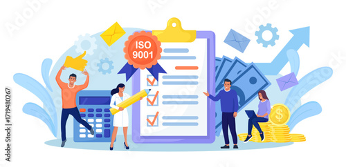 ISO 9001 quality management system and international certification. Tiny business people passed standard quality control. Document standardization industry