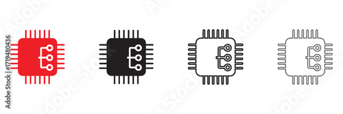 CPU chip icon, Central processor microchip symbol, Chipset sign vector illustration, silhouette and line art