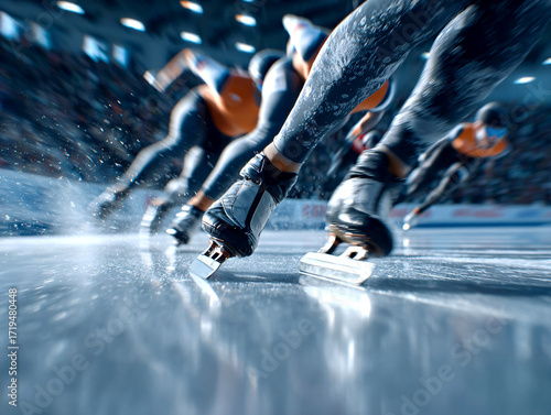 A dynamic sports photo of close-up of speed skaters' legs on a stadium track during the Olympic competitions, blurred background, reportage style
