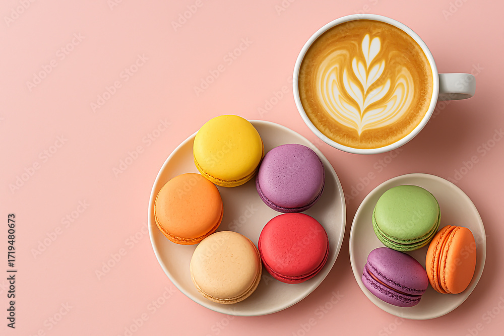Obraz premium Multicolored French macarons on a plate, next to a cup of cappuccino with a pattern on a light pink background. Top view.