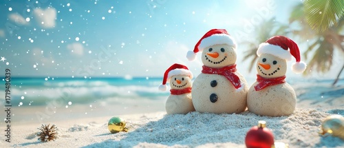 Family Christmas Scene with Sand Snowmen on Beach