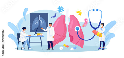 Pulmonology concept. Group of Doctors Check Up Lungs Affected by Coronavirus. Doctor Exam Respiratory System, Treat Lung Disease. Fibrosis, Tuberculosis, Pneumonia, Cancer
