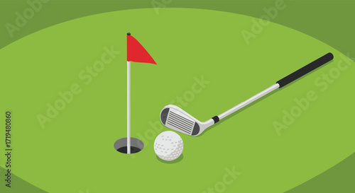 A golf ball and club rest near the hole on a green putting surface with a flag.