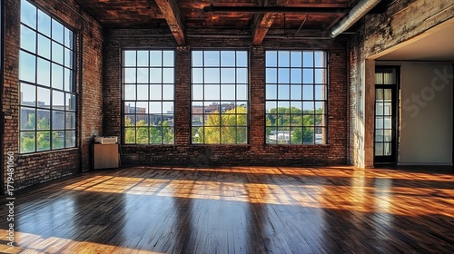 Sunlight streams through large industrial loft windows onto wooden floor