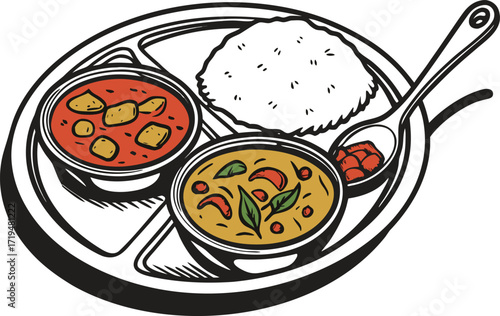Indian Thali Food Illustration. Traditional Indian Thali Meal Design. Authentic Indian Thali Serving Artwork. Delicious Indian Thali Food Clipart. Colorful Indian Thali Plate Illustration