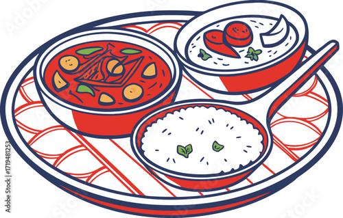 Indian Thali Food Illustration. Traditional Indian Thali Meal Design. Authentic Indian Thali Serving Artwork. Delicious Indian Thali Food Clipart. Colorful Indian Thali Plate Illustration