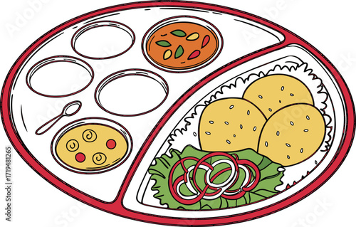Indian Thali Food Illustration. Traditional Indian Thali Meal Design. Authentic Indian Thali Serving Artwork. Delicious Indian Thali Food Clipart. Colorful Indian Thali Plate Illustration