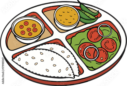 Indian Thali Food Illustration. Traditional Indian Thali Meal Design. Authentic Indian Thali Serving Artwork. Delicious Indian Thali Food Clipart. Colorful Indian Thali Plate Illustration