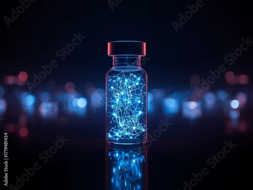 Glowing blue particles inside a glass vial with bokeh lights
