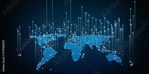 Global digital network map with glowing connections representing worldwide communication, internet technology, data transfer, business growth, and international connectivity in modern tech.