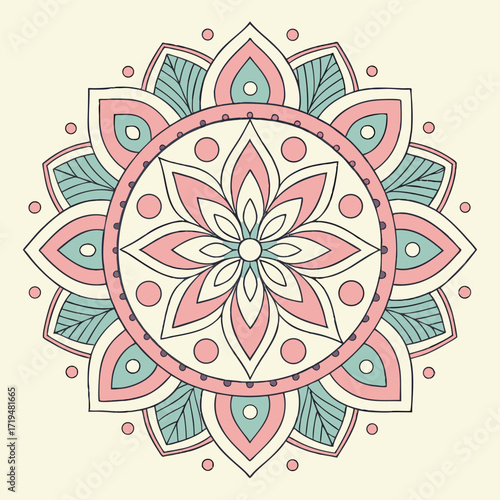 Intricate mandala inspired repeating circular pattern with soft blended colors and geometric elements