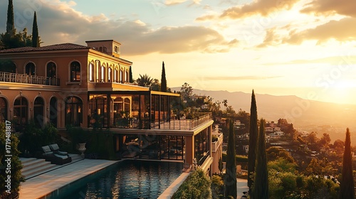 Luxurious villa estate on a hillside overlooking the sea at sunset