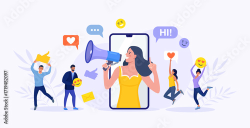 Beautiful woman shouting in megaphone and young people, followers surrounding her with social media icons. Influencer or blogger on phone screen. Internet marketing, social network promotion, SMM.