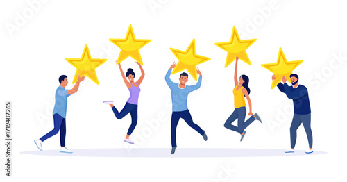 Five stars rating. Happy jumping people are holding review stars over their heads. Customer review rating, client feedback, satisfaction level
