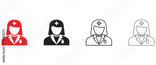 women doctor vector icon, female doctor medical person vector, silhouette and line art