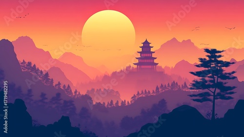 Serene asian mountain landscape with pagoda at sunset