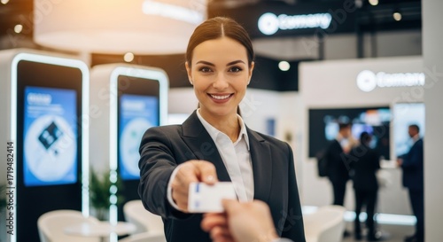 Smiling Businesswoman Handing Card at Conference or Exhibition.