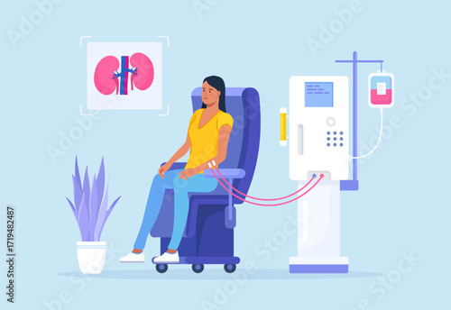 Hemodialysis equipment for treatment renal diseases failure. Cleansing and transfusion of blood through dialysis machine. Patient sitting in chair and getting kidney disease treatment