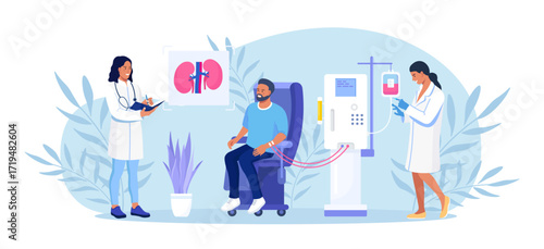 Hemodialysis equipment for treatment renal diseases failure. Cleansing and transfusion of blood through a dialysis machine. Doctor conducting hemodialysis. Patient getting a kidney disease treatment