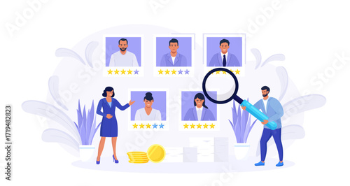 Tiny people Choosing Best Candidate. HR Managers Searching New Employee and Select a Resume of Worker or Personnel. Online Recruitment Process. Human Resource Management and Job Hiring Concept