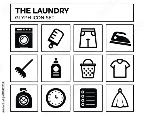 Laundry icon set with washing machine, iron, detergent, basket, mop, broom, checklist, and clothing in glyph style