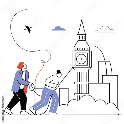 Big Ben and People Struggling to Move It  Vector Design