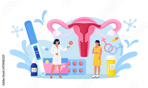 Gynecology checkup for women. Doctor gynecologist consult patient about fallopian tubes, ovary disease. Female reproductive system exam, treatment and therapy
