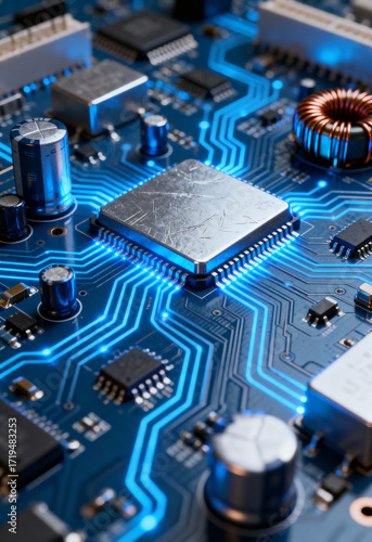 Blue illuminated circuit board with metallic chip and copper coil.