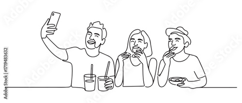 Simple line drawing of people selfie while drinking at a hangout. Happy people eating. one line Icon drawing with white background