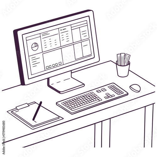 Modern office workspace with computer desk and chair clean vector illustration for business and technology concepts