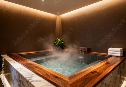 Warm steam rises from a wooden-framed hot tub in a dimly lit room.