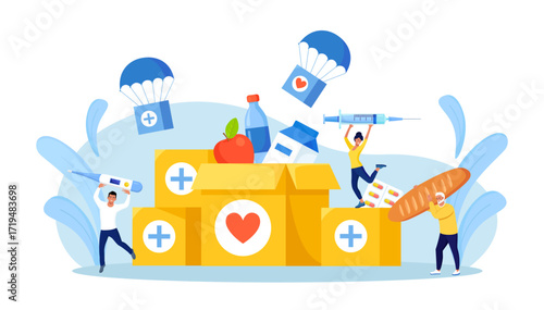Humanitarian aid. Social worker collecting food, medical supplies to needy people. Volunteering, donation, humanitarian relief. Volunteers pack help boxes for refugees. Government assistance to poor