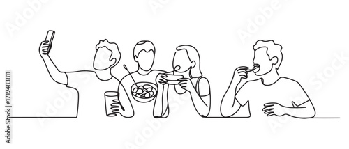 Simple line drawing of people selfie while drinking at a hangout. Happy people eating. one line Icon drawing with white background