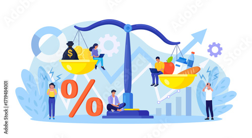 Inflation in economy. Scales with food and gold coins. Goods and services costs more value. Rising food prices. Loss of purchasing power, increase in consumer prices, fall of currency value