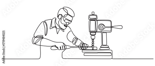Single continuous line drawing of a craftsman using a drilling machine. one line Icon drawing with white background