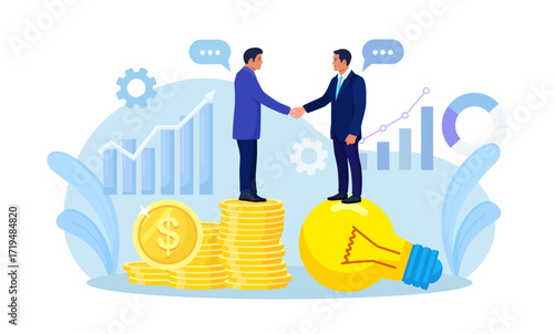 Entrepreneur businessman standing on lightbulb shaking hands with VC on money coins stack. Successful business negotiation, partnership. Selling startup business or merger agreement
