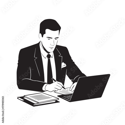 Black and white line art of a hardworking man at office desk with laptop and documents minimalist illustration