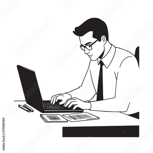 Black and white line art of a hardworking man at office desk with laptop and documents minimalist illustration
