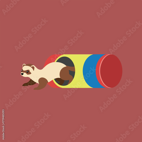 A cartoon ferret is seen exiting from the far end of a colorful, horizontally-oriented tunnel toy against a plain reddish-brown background.