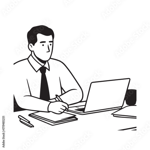 Black and white line art of a hardworking man at office desk with laptop and documents minimalist illustration