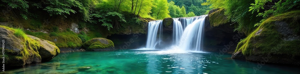 Fototapeta premium Serene waterfall cascading down mossy rocks into a crystal-clear pool, surrounded by lush green forest Perfect for nature, travel, and tranquility themes , ecosystem, lush forest