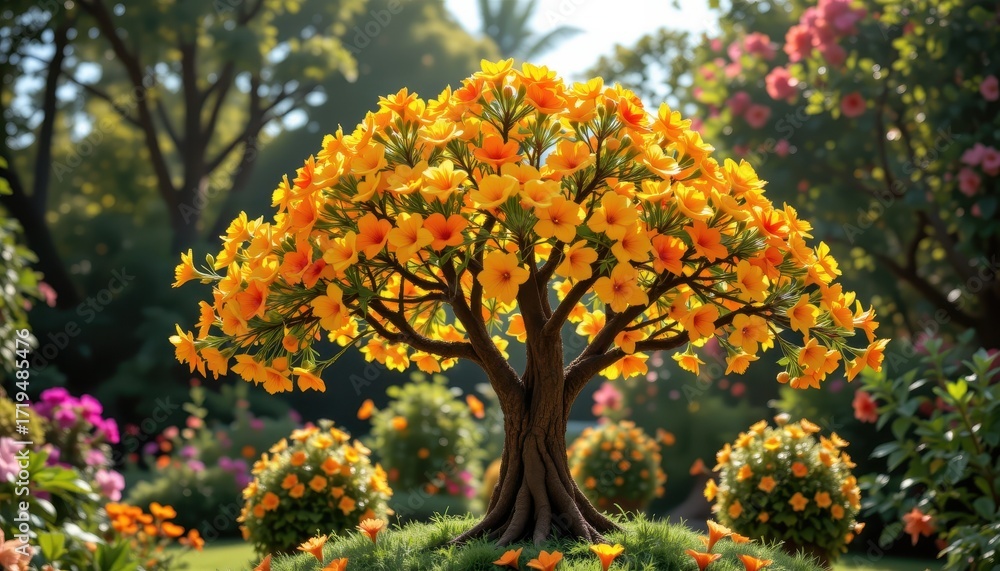 Naklejka premium a sacred tropical tree with orange and yellow flowers in a garden filled with sunlight symbolizing vitality happiness and positive energy.