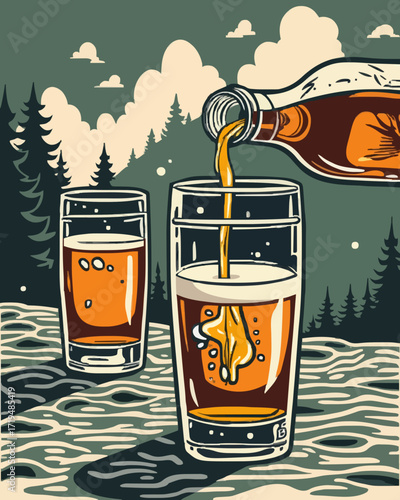 - Beer being poured into glasses in a forest illustration