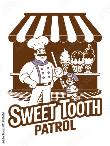 Chef and child smiling at candy stand with ice cream -