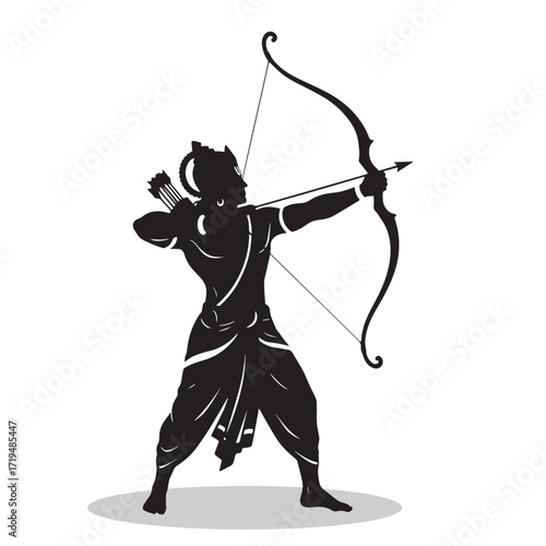 Lord Rama Silhouette with Bow and Arrow – Black and White Vector Illustration
