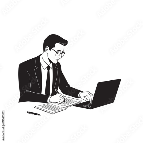 Black and white line art of a hardworking man at office desk with laptop and documents minimalist illustration