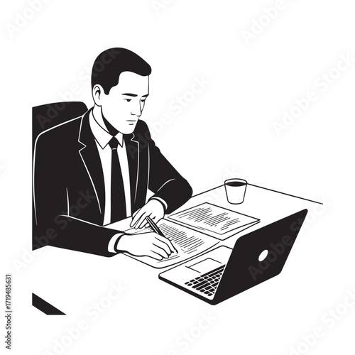 Black and white line art of a hardworking man at office desk with laptop and documents minimalist illustration