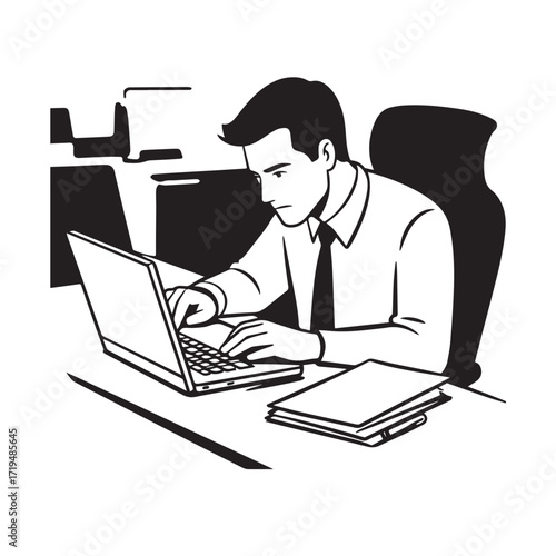 Black and white line art of a hardworking man at office desk with laptop and documents minimalist illustration