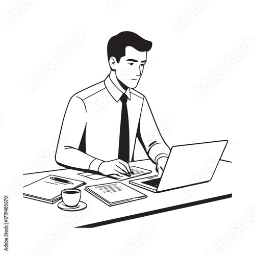 Black and white line art of a hardworking man at office desk with laptop and documents minimalist illustration
